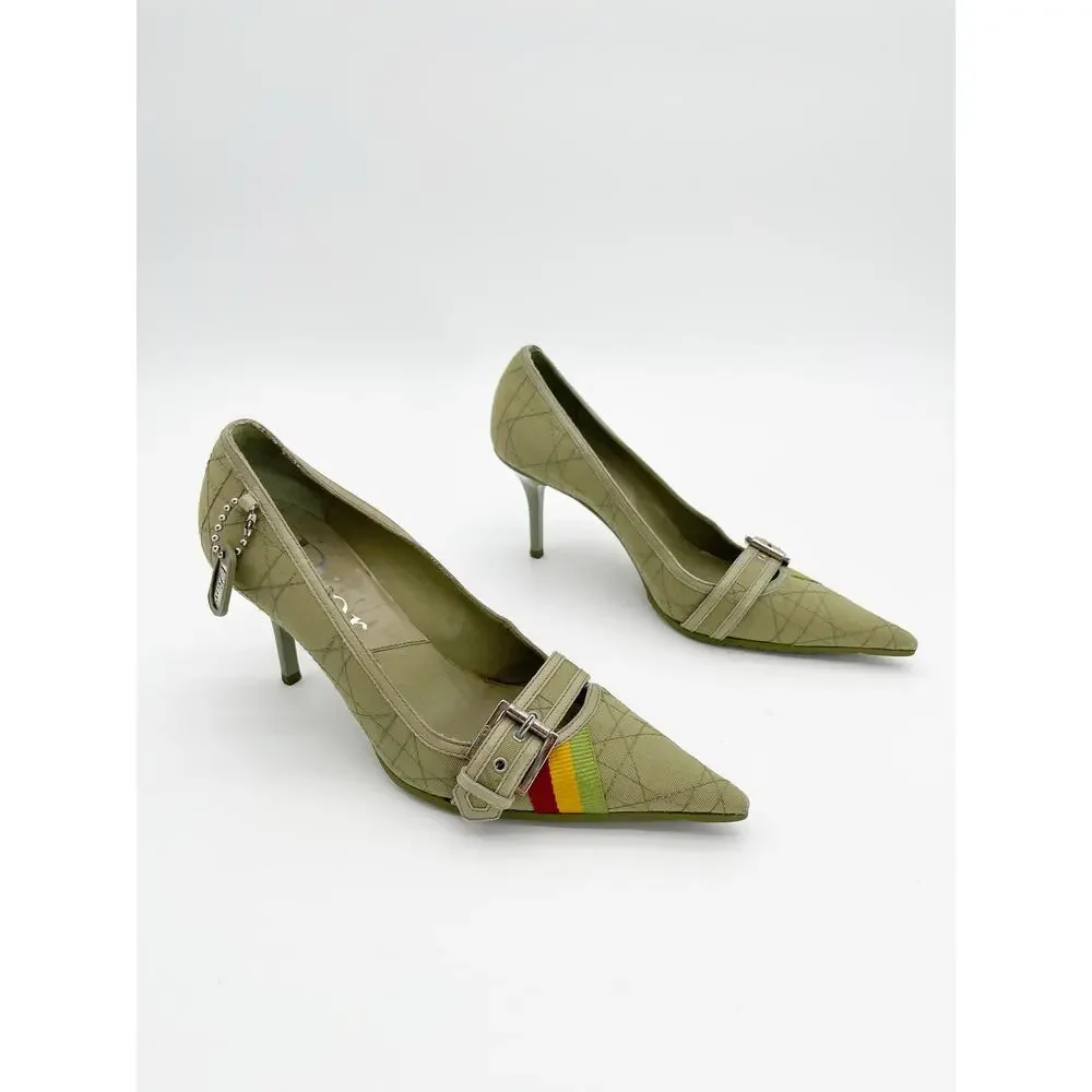 Christian Dior Vintage Green Cannage Rasta Pointed Toe Buckle Pumps Heels EU 37